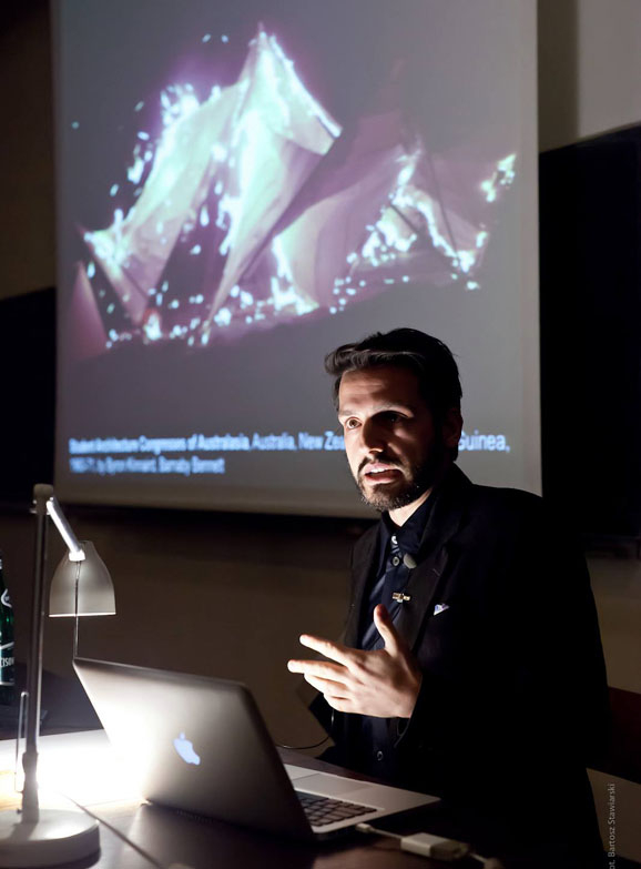 Evangelos Kotsioris speaking at the Facutly of Architecture, Warsaw University of Technology. Photo: Bartosz Stawiarski.
