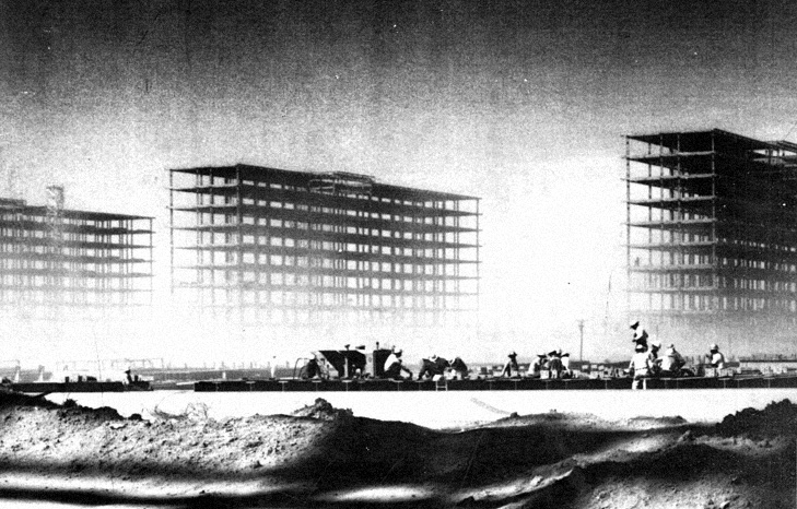 Oscar Niemeyer, exterior view of the ministries of Brasilia during construction, ca. 1958-60.