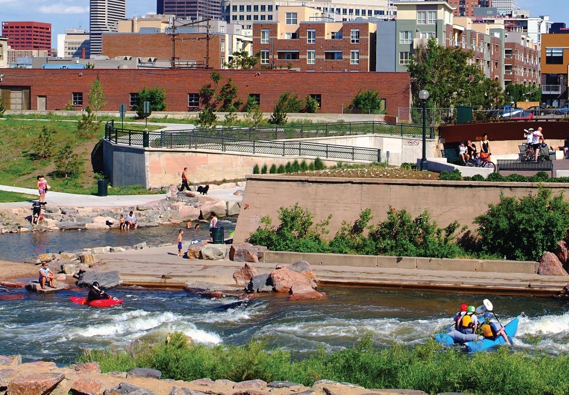 Citizens enjoying water recreation at Denver's Confluence Park (Denver, CO) Photo: Denver Convention & Visitors Bureau